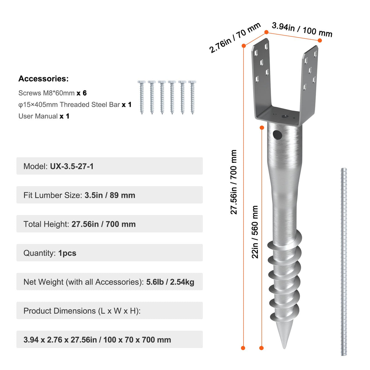No Dig Ground Anchor 1-Pack 10x7x70cm U-Shape Steel Post Holder with Lag Bolts