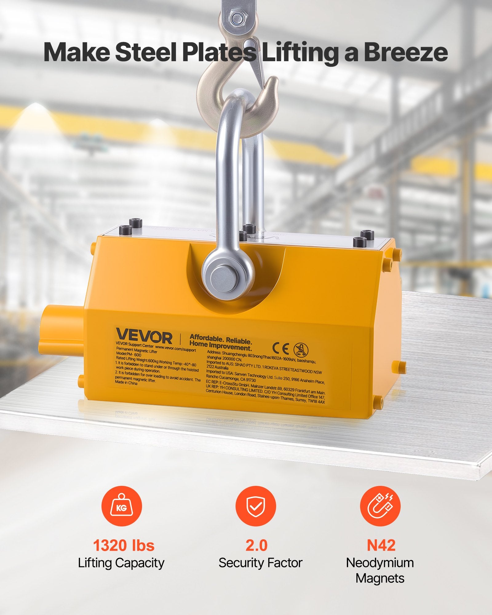 Permanent Magnetic Lifter 600kg N42 Neodymium with Hook & Release Handle