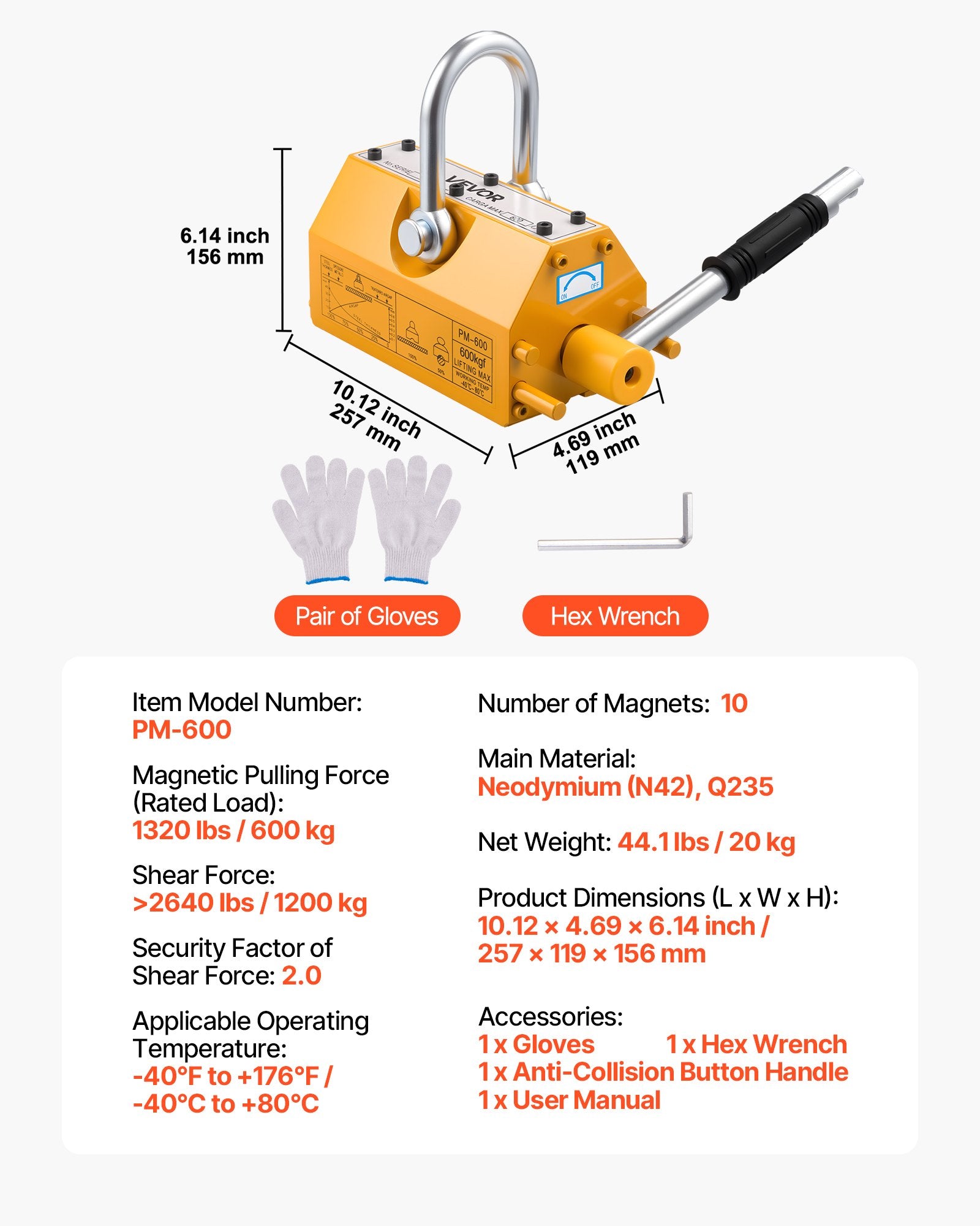 Permanent Magnetic Lifter 600kg N42 Neodymium with Hook & Release Handle