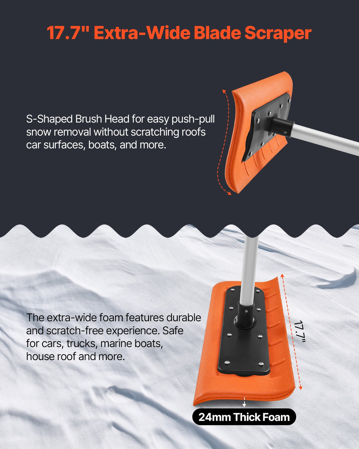 Snow Roof Rake 45cm Foam Blade 2.25-5.62m Adjustable with Extension Tubes