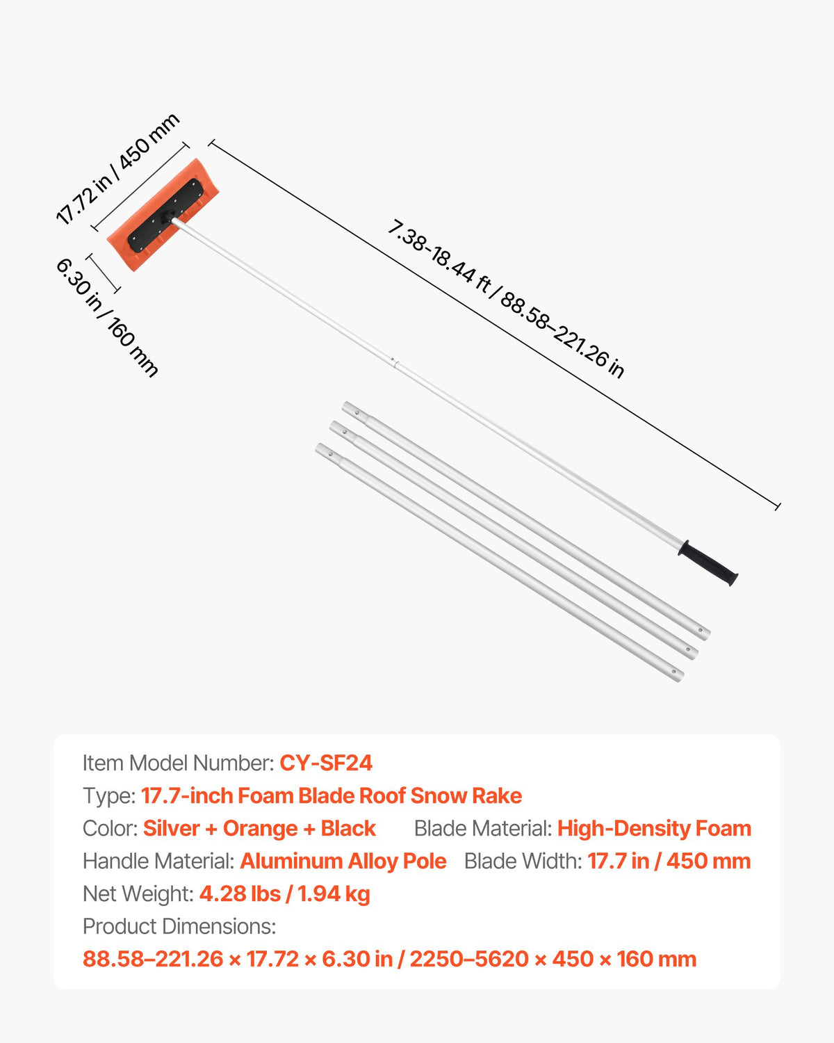 Snow Roof Rake 45cm Foam Blade 2.25-5.62m Adjustable with Extension Tubes