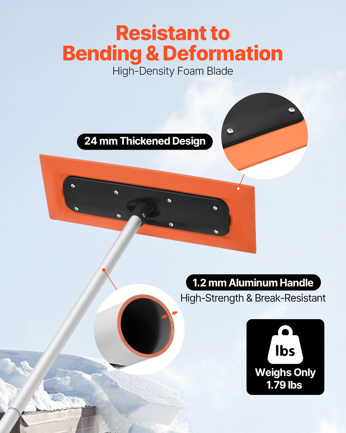Snow Roof Rake 1.2m Long Reach 45cm Foam Blade Non-Slip Handle Lightweight