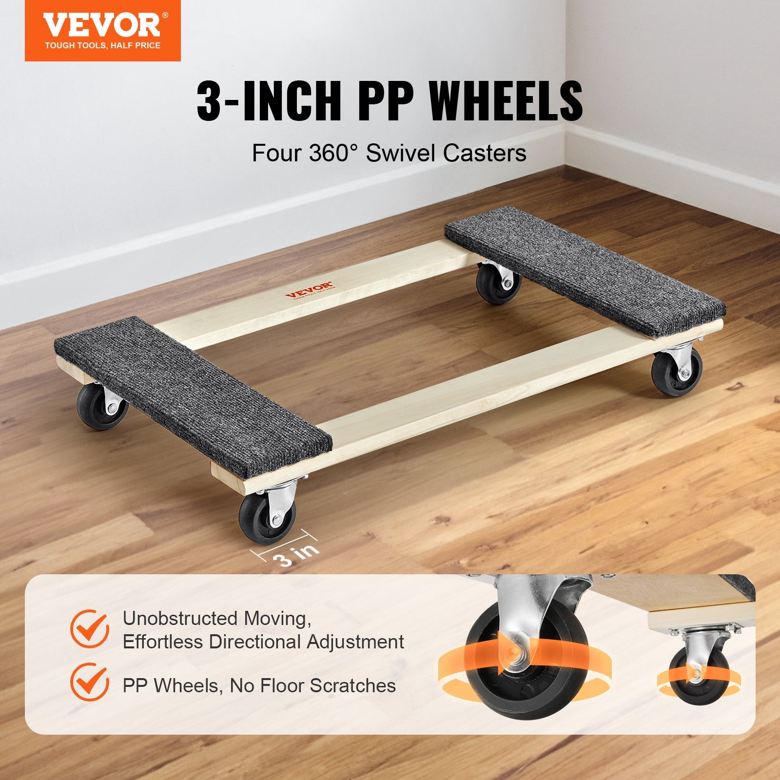 Furniture Dolly Heavy Duty Hardwood Moving Cart 4 Swivel Casters 454kg