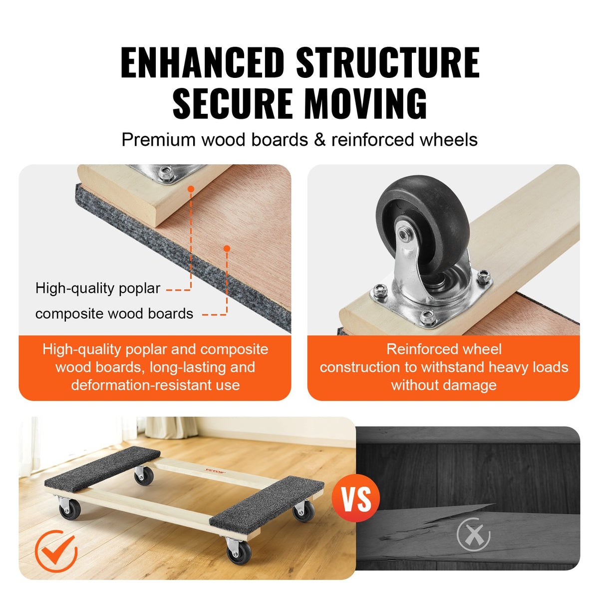 Furniture Dolly Heavy Duty Hardwood Moving Cart 4 Swivel Casters 454kg