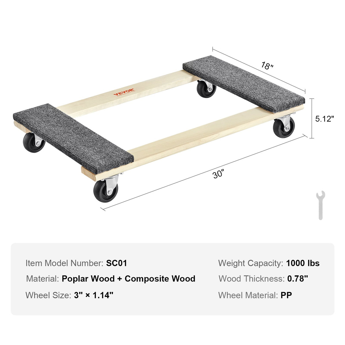 Furniture Dolly Heavy Duty Hardwood Moving Cart 4 Swivel Casters 454kg