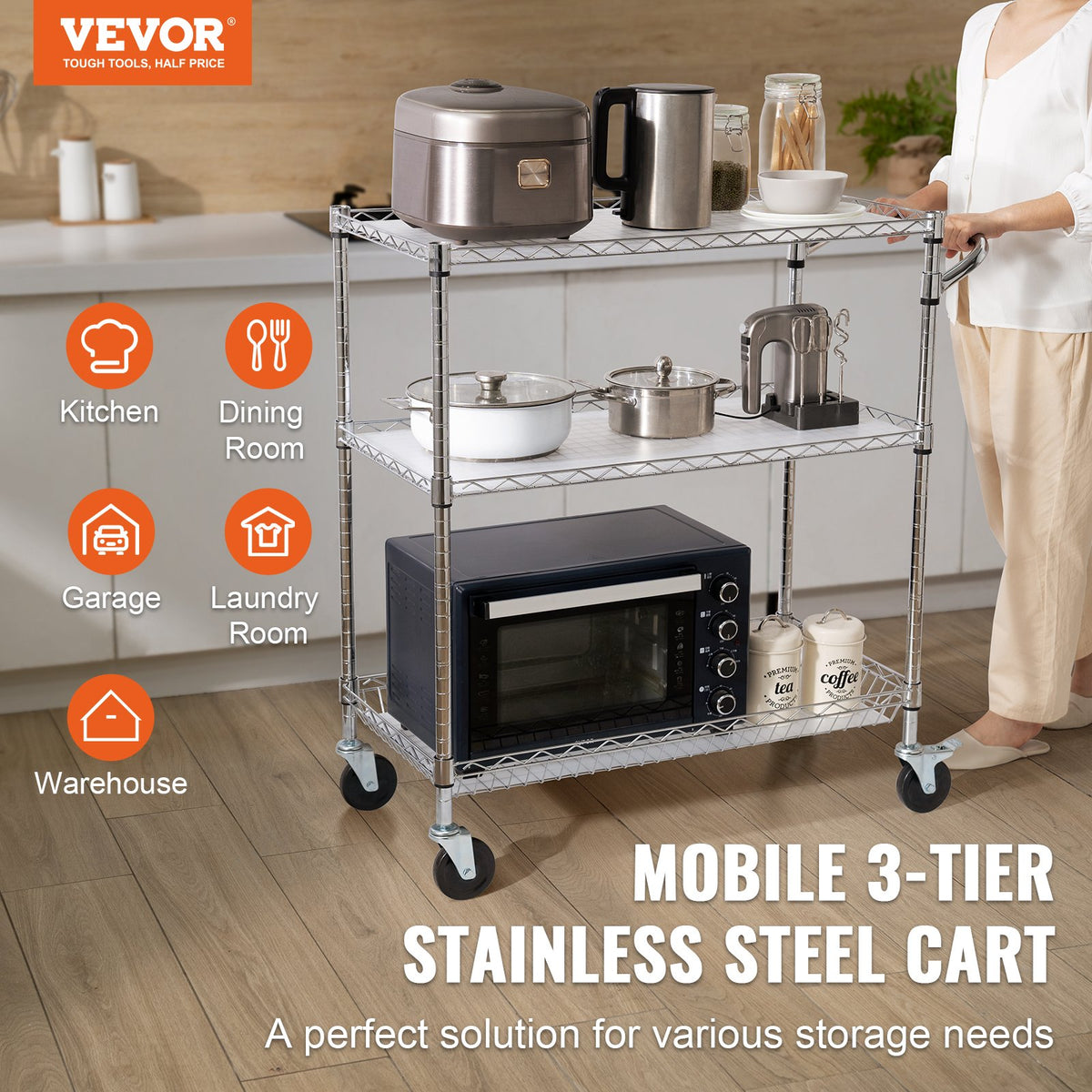 Kitchen Utility Cart 3-Tier Wire Rolling  Service Cart Metal Storage Trolley