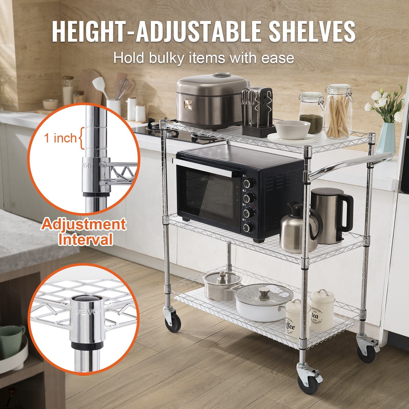 Kitchen Utility Cart 3-Tier Wire Rolling  Service Cart Metal Storage Trolley