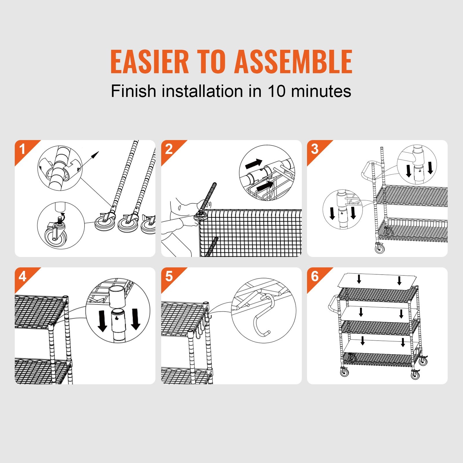 Kitchen Utility Cart 3-Tier Wire Rolling  Service Cart Metal Storage Trolley