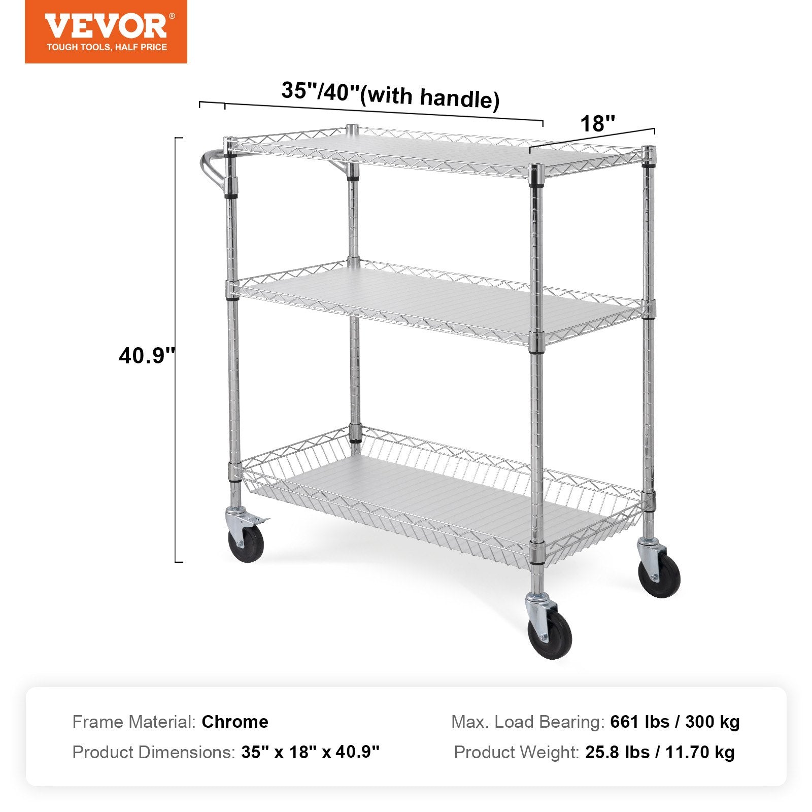 Kitchen Utility Cart 3-Tier Wire Rolling  Service Cart Metal Storage Trolley