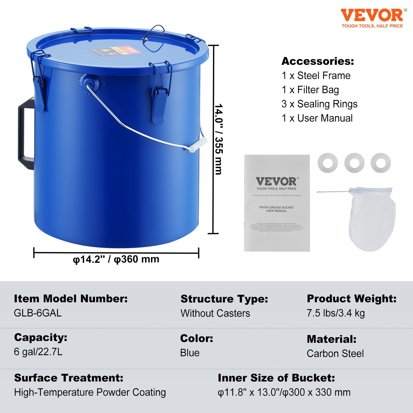22.7L Fryer Grease Bucket Carbon Steel Oil Disposal Caddy with Lid Filter Bag