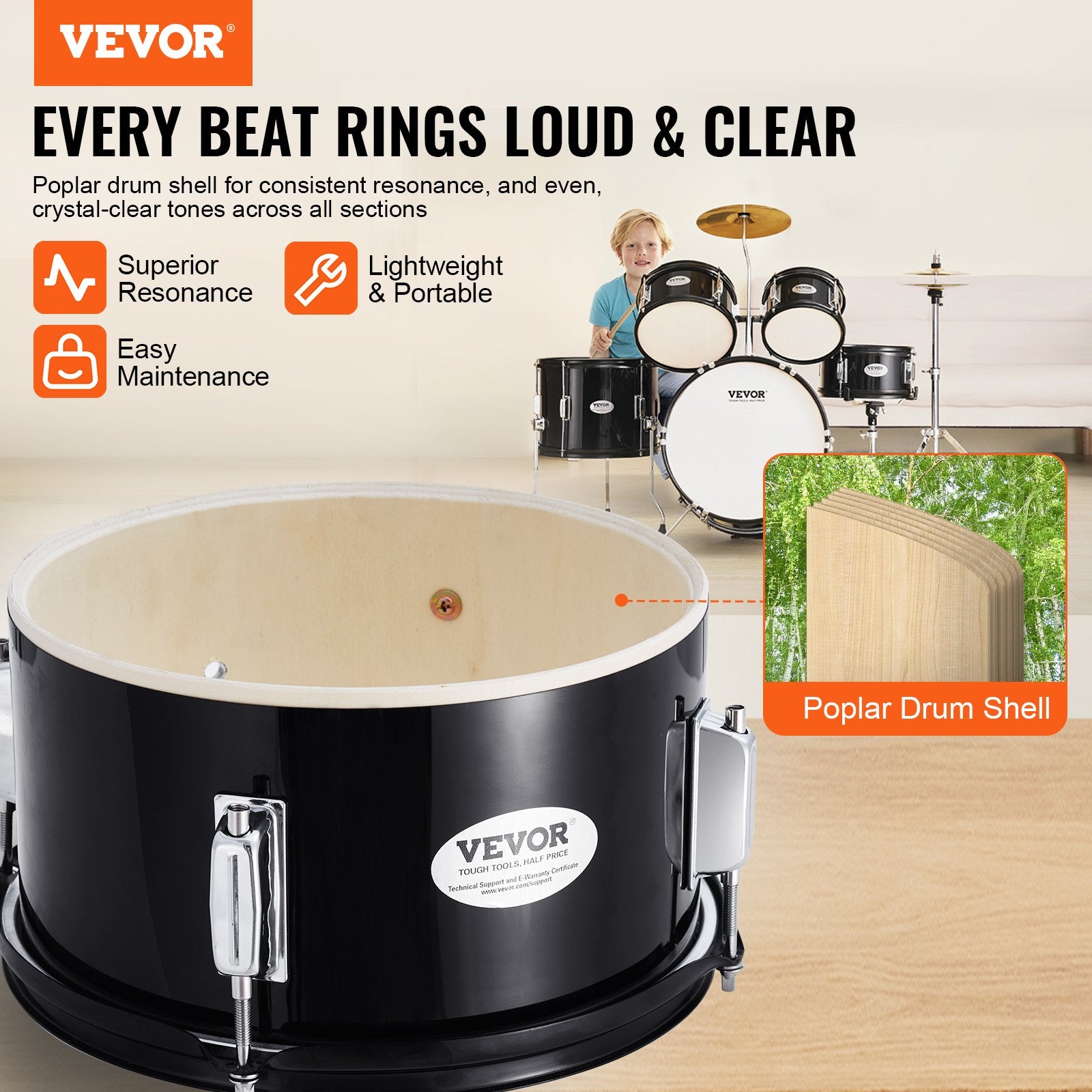 Kids Drum Set 5-Piece 406.4mm Bass Toms Snare Cymbal Hi-Hat Throne Drumsticks