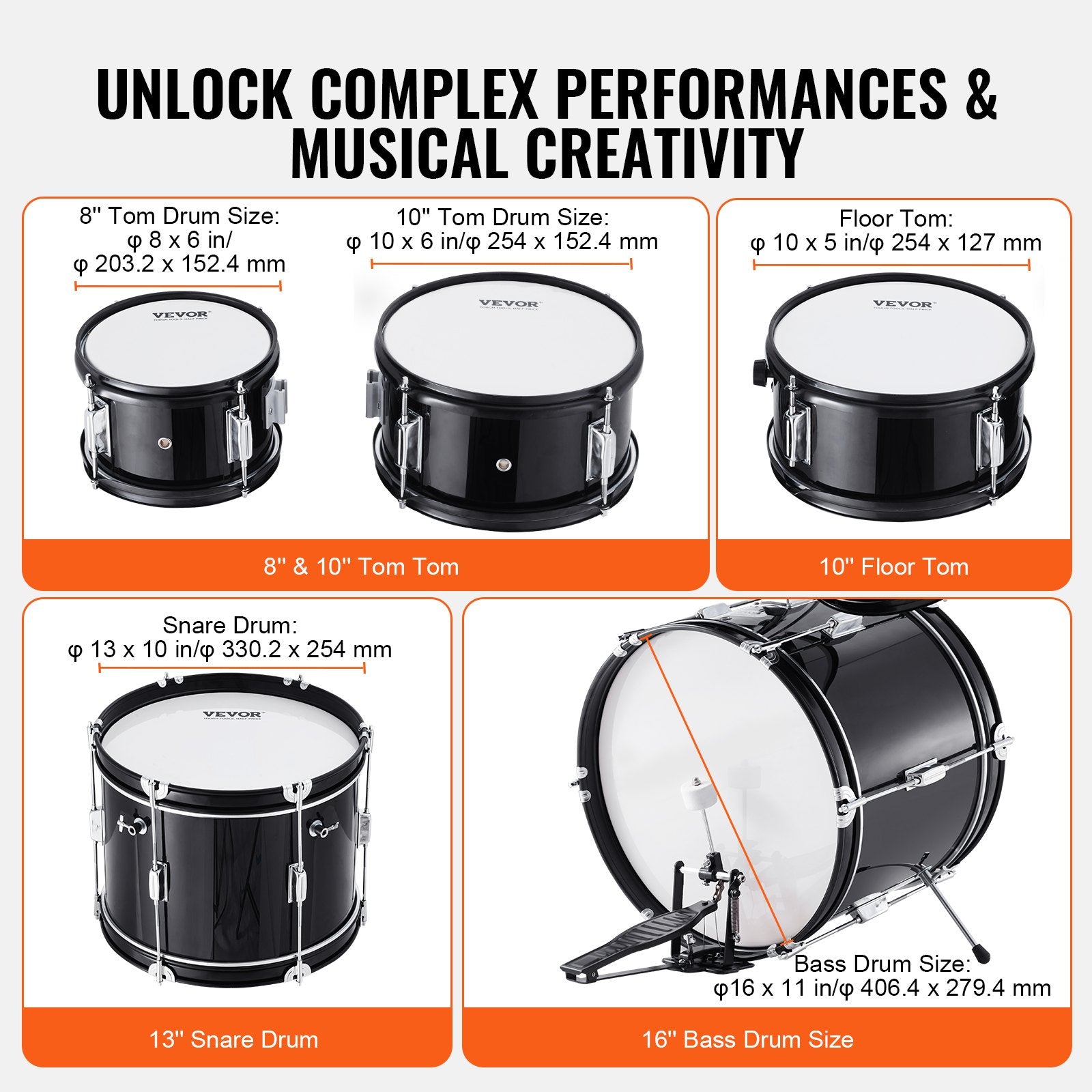 Kids Drum Set 5-Piece 406.4mm Bass Toms Snare Cymbal Hi-Hat Throne Drumsticks