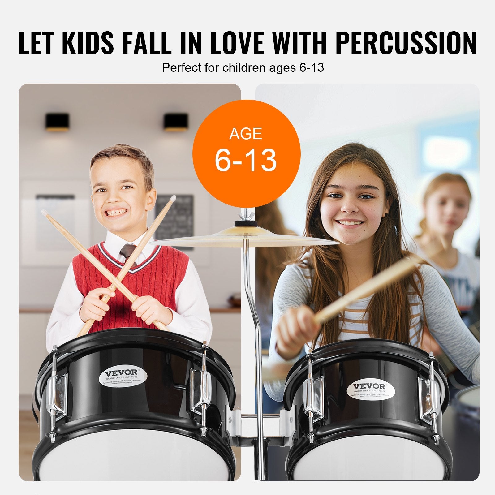 Kids Drum Set 5-Piece 406.4mm Bass Toms Snare Cymbal Hi-Hat Throne Drumsticks