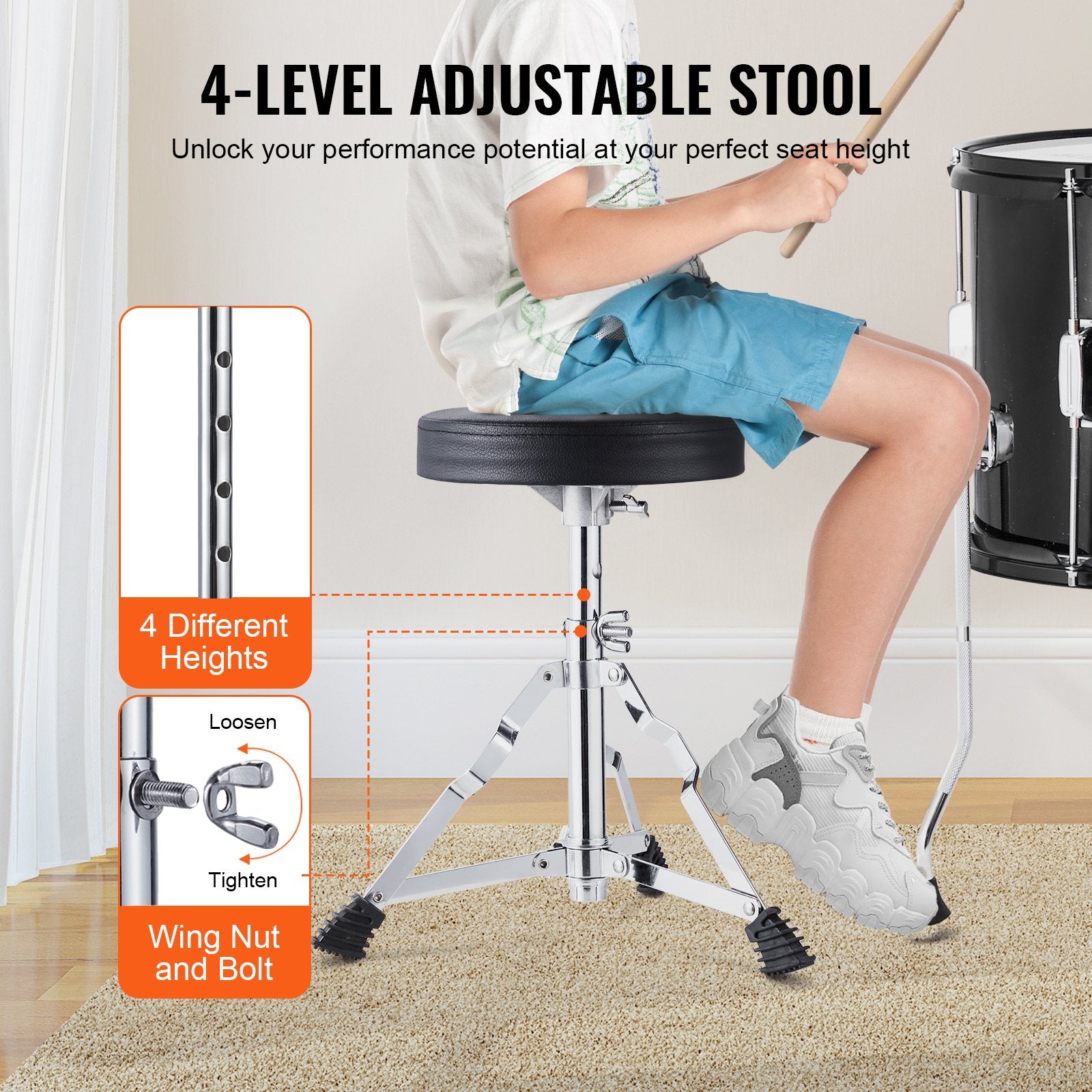 Kids Drum Set 5-Piece 406.4mm Bass Toms Snare Cymbal Hi-Hat Throne Drumsticks