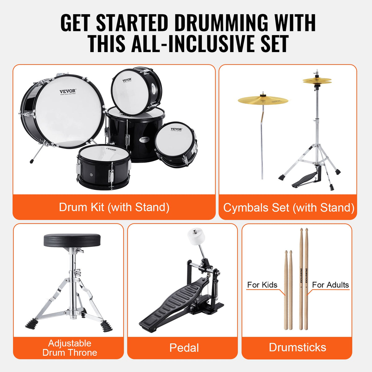 Kids Drum Set 5-Piece 406.4mm Bass Toms Snare Cymbal Hi-Hat Throne Drumsticks