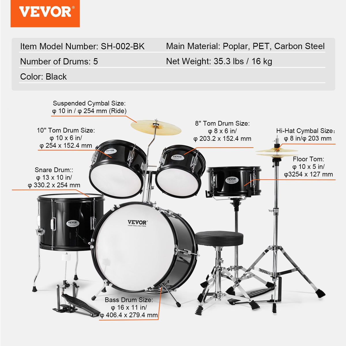 Kids Drum Set 5-Piece 406.4mm Bass Toms Snare Cymbal Hi-Hat Throne Drumsticks