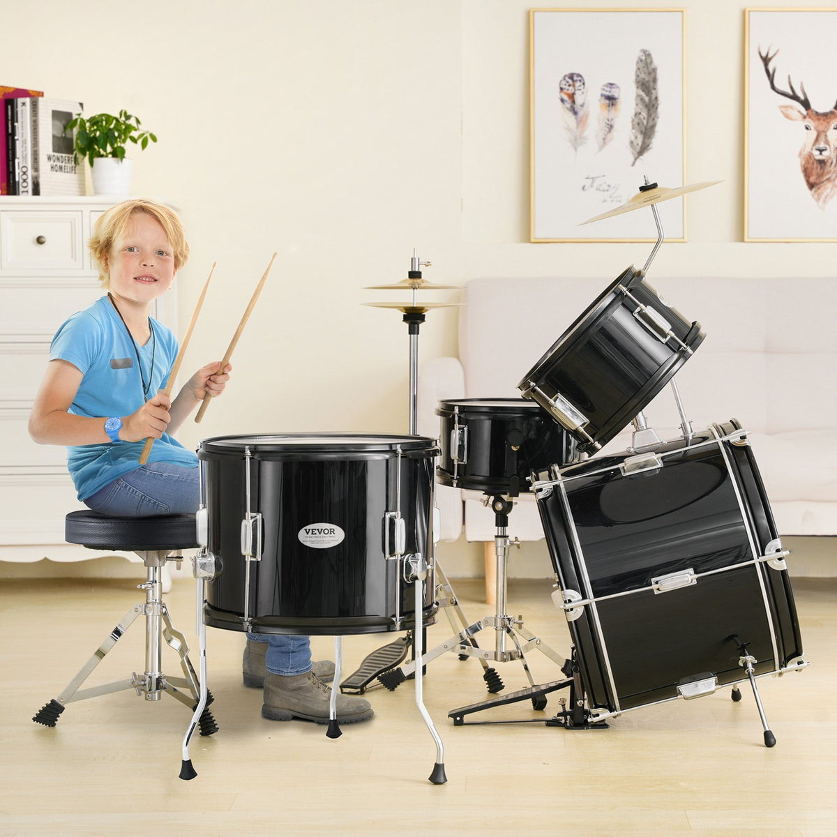 Kids Drum Set 5-Piece 406.4mm Bass Toms Snare Cymbal Hi-Hat Throne Drumsticks