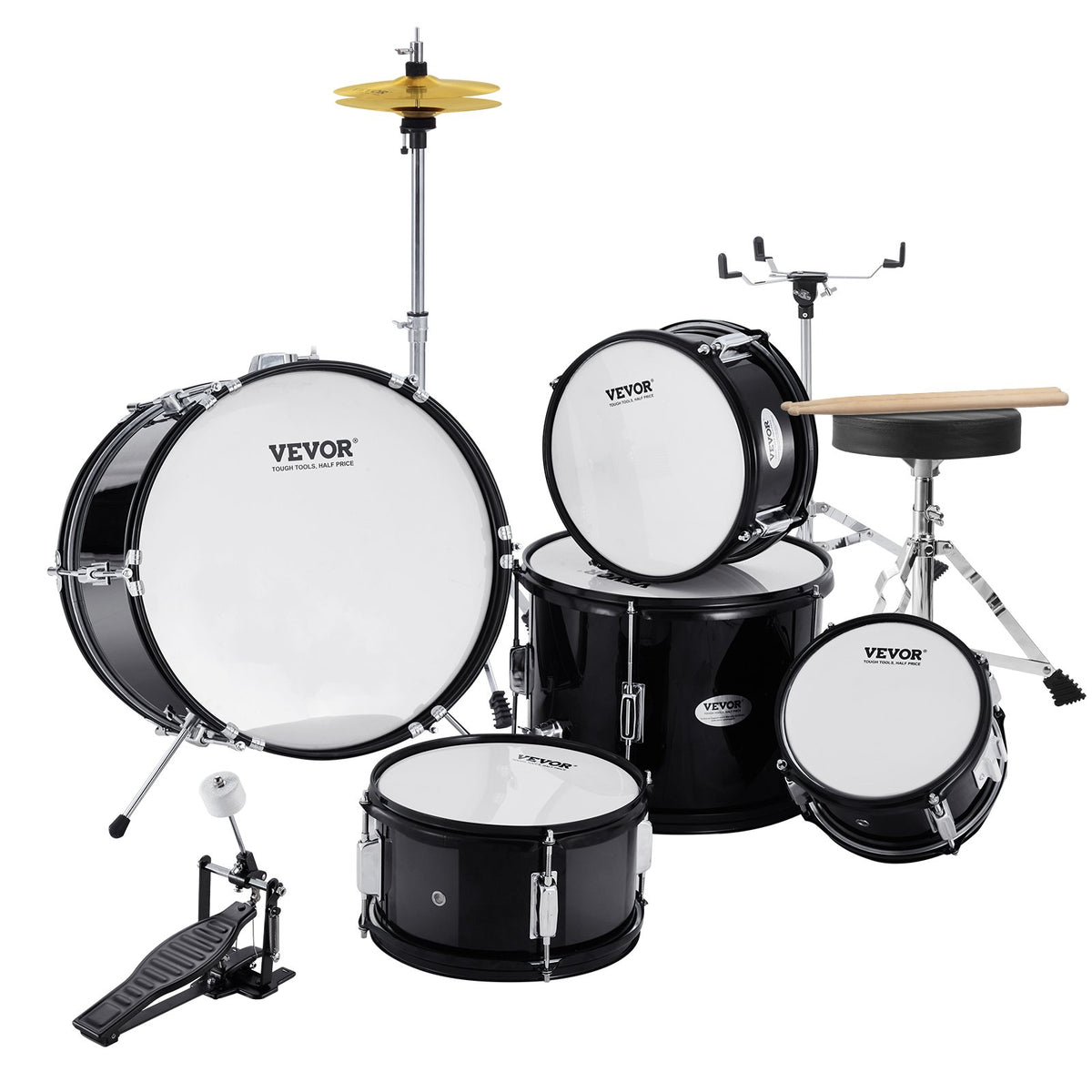 Kids Drum Set 5-Piece 406.4mm Bass Toms Snare Cymbal Hi-Hat Throne Drumsticks
