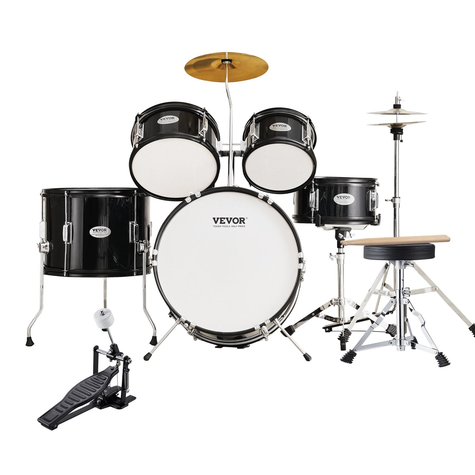 Kids Drum Set 5-Piece 406.4mm Bass Toms Snare Cymbal Hi-Hat Throne Drumsticks