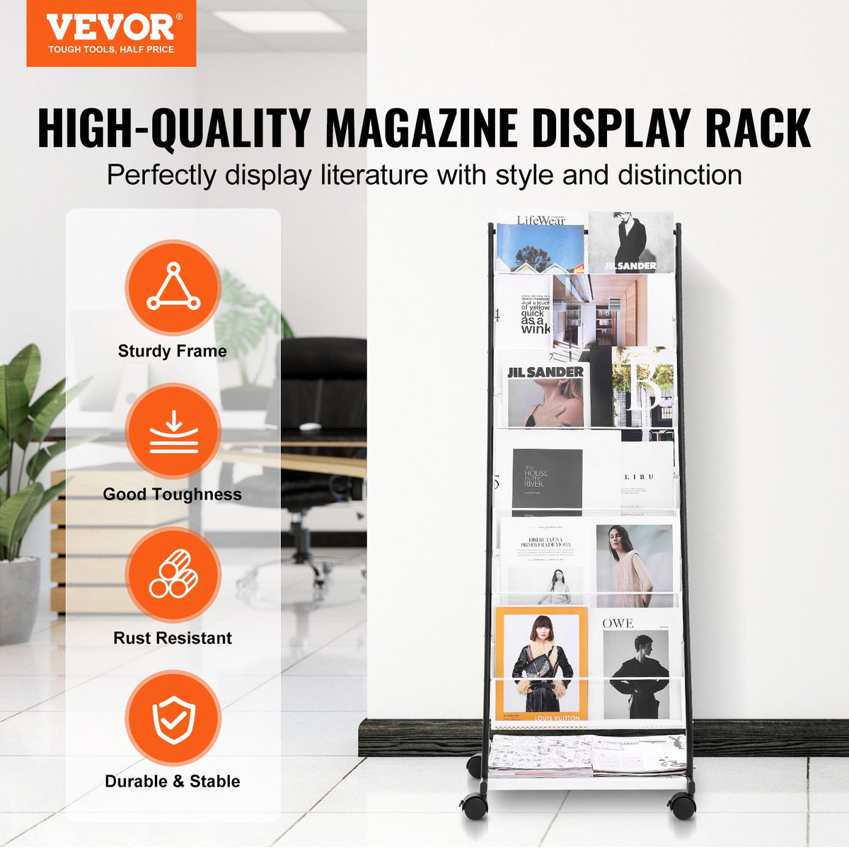 6-Tier Brochure Display Rack w/ Wheels Magazine & Catalog Stand