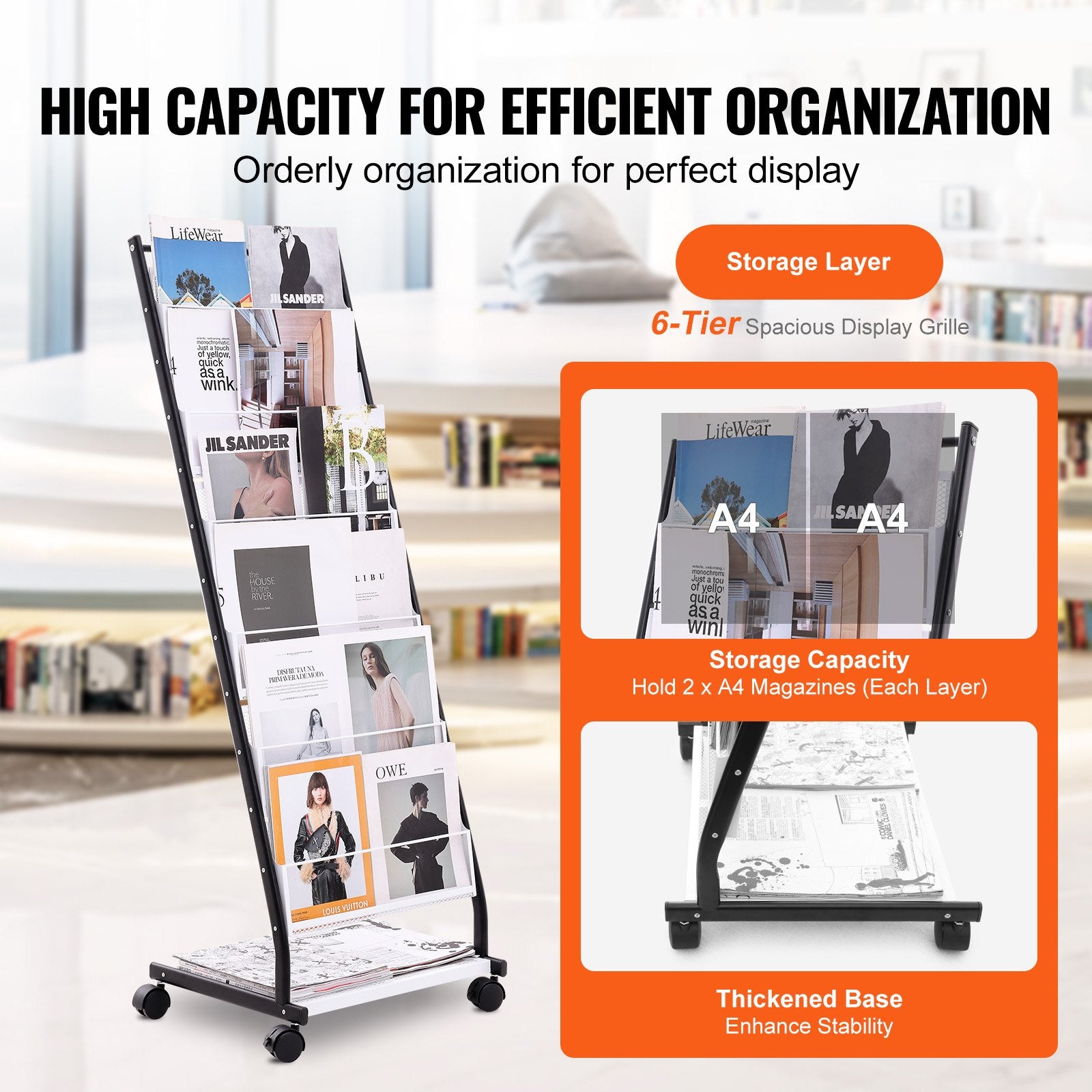 6-Tier Brochure Display Rack w/ Wheels Magazine & Catalog Stand