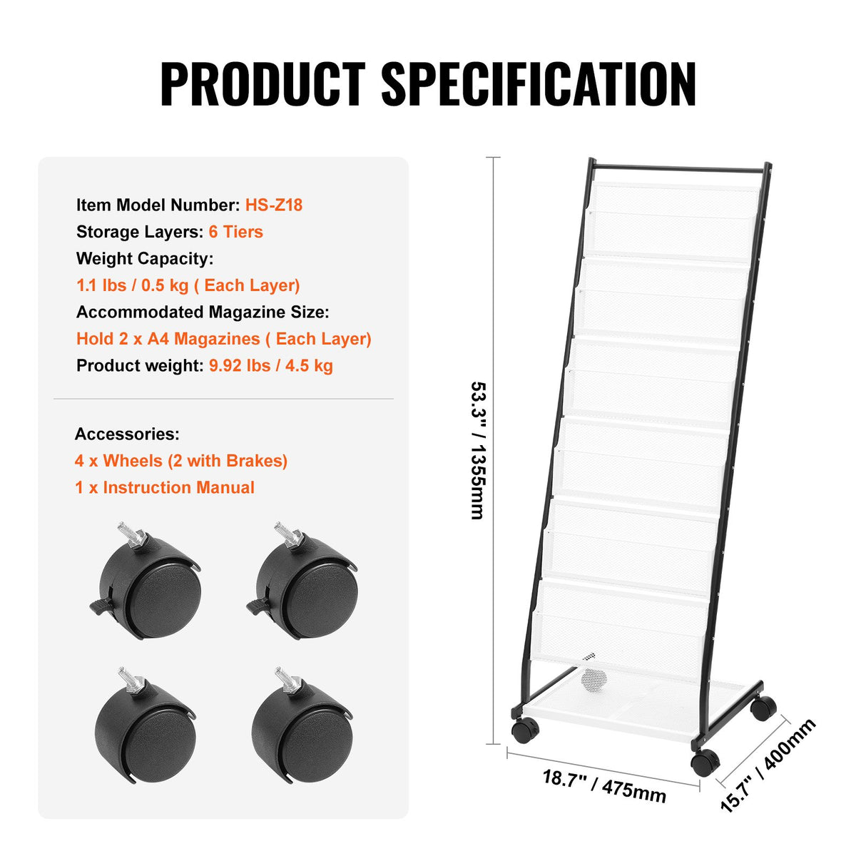 6-Tier Brochure Display Rack w/ Wheels Magazine & Catalog Stand