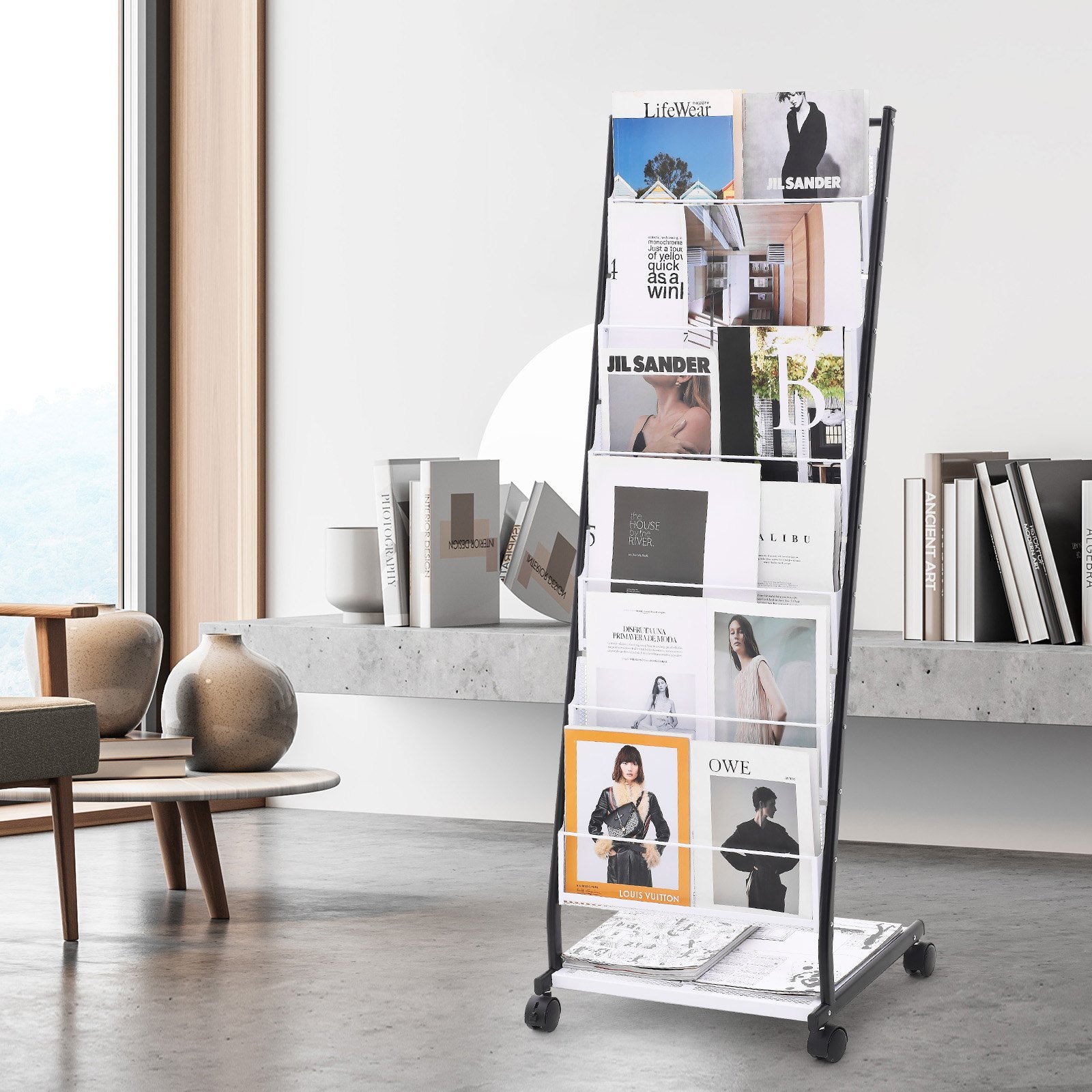 6-Tier Brochure Display Rack w/ Wheels Magazine & Catalog Stand