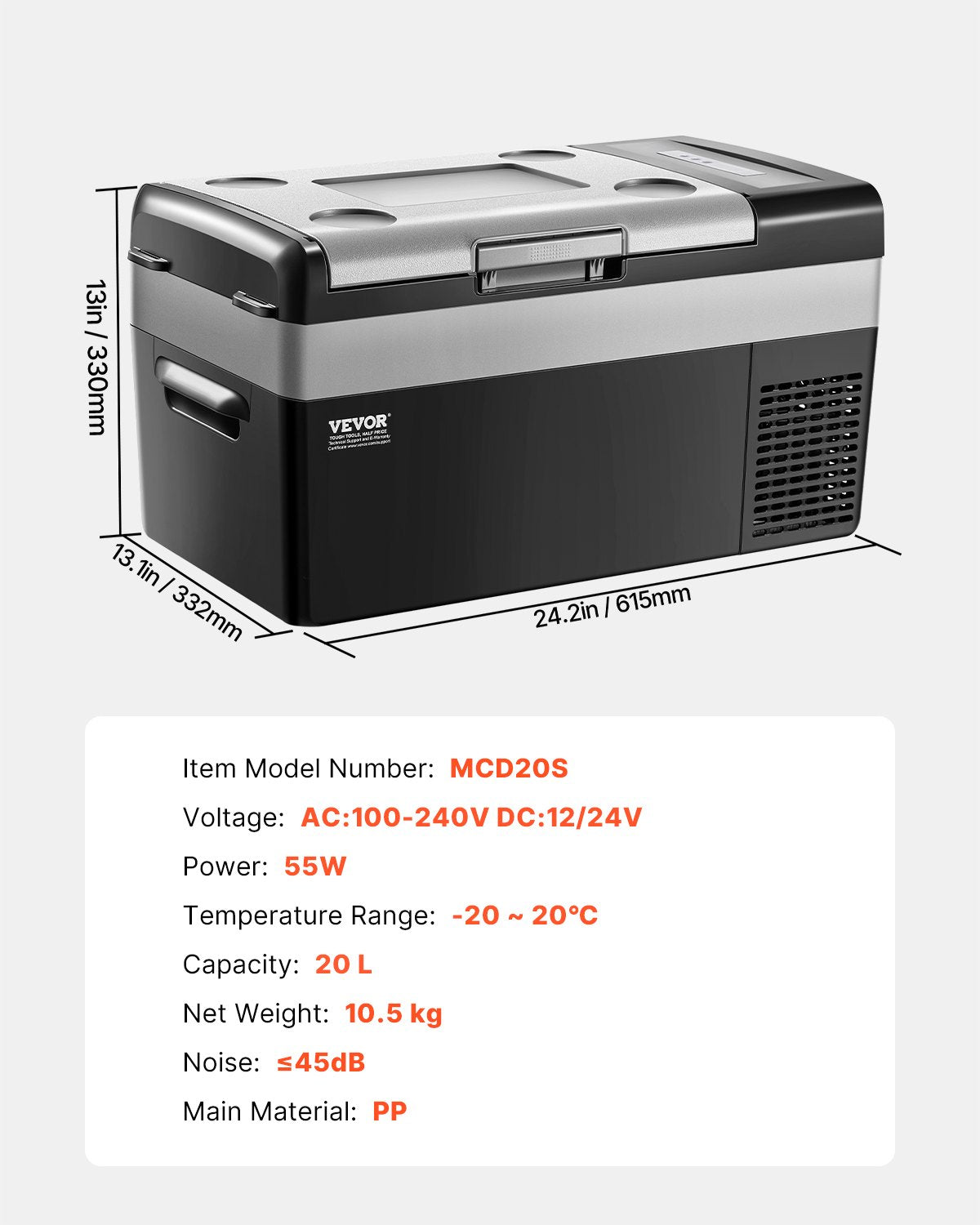 Portable Car Refrigerator 20L 12V/24V/100-240V Single Zone Freezer -20℃ to 20℃