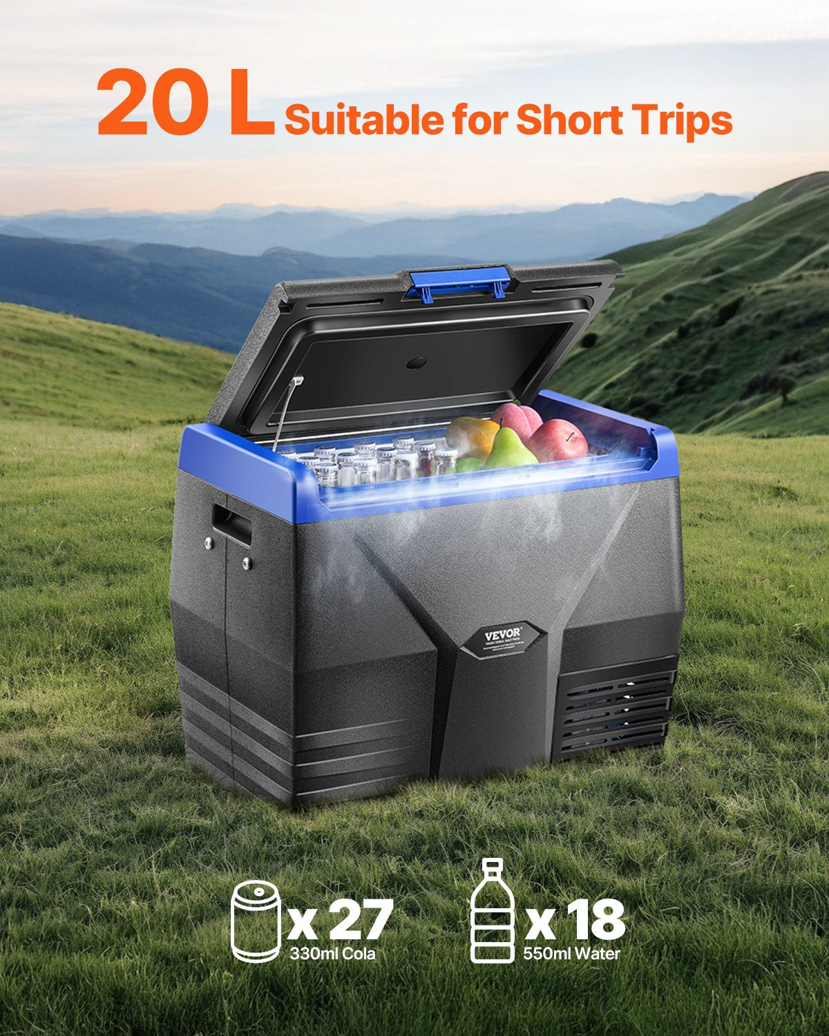 Portable Car Refrigerator 20L 12V/24V/100-240V Single Zone Freezer -18℃ to 10℃