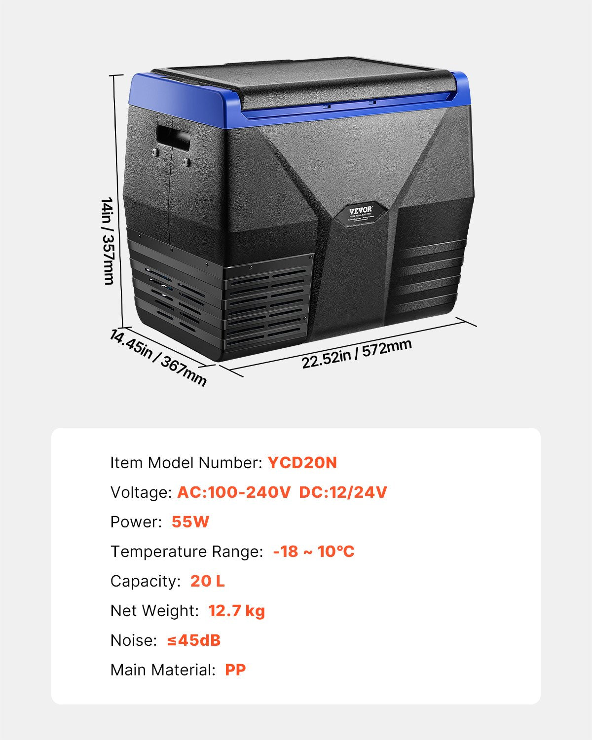Portable Car Refrigerator 20L 12V/24V/100-240V Single Zone Freezer -18℃ to 10℃