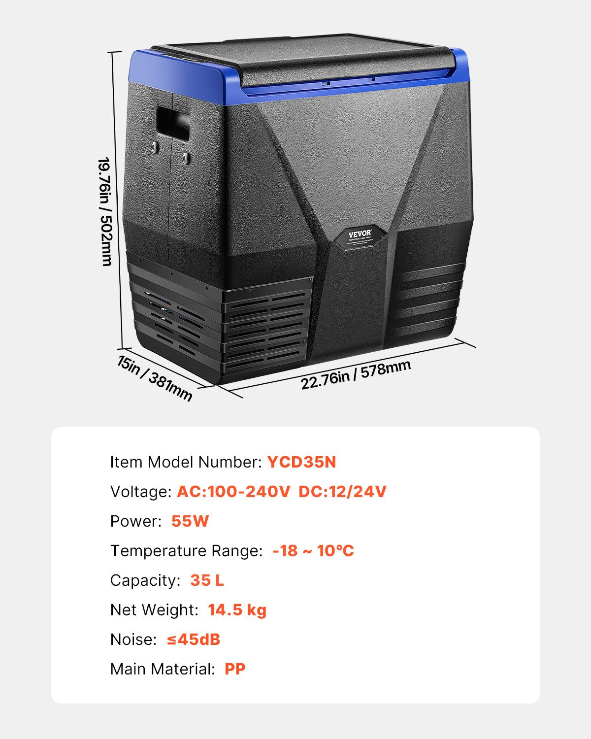 Portable Car Refrigerator 35L 12V/24V/100-240V Single Zone Freezer -18℃ to 10℃
