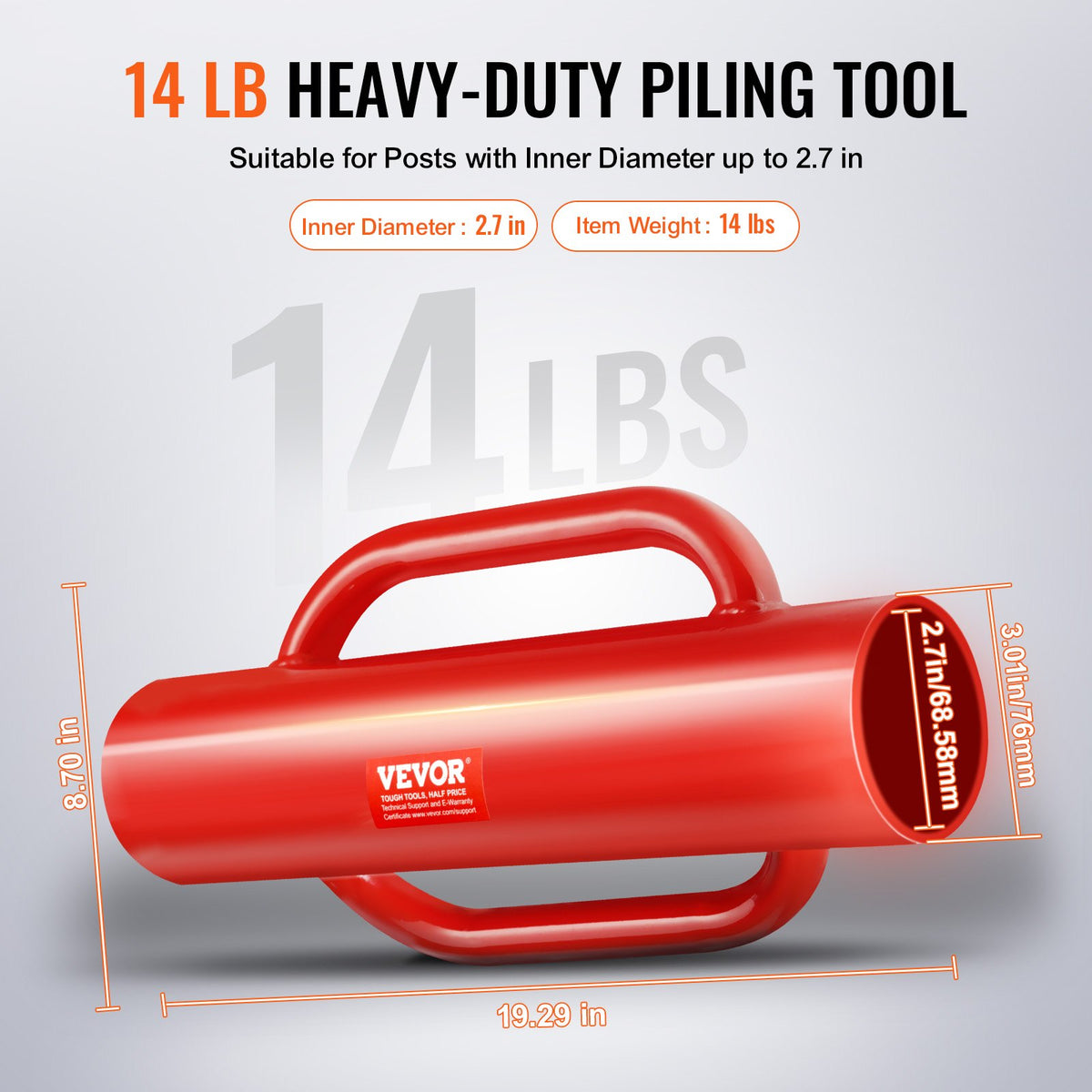 Fence Post Driver with Handles 2.7in T Post Pounder 14LB Carbon Steel Red