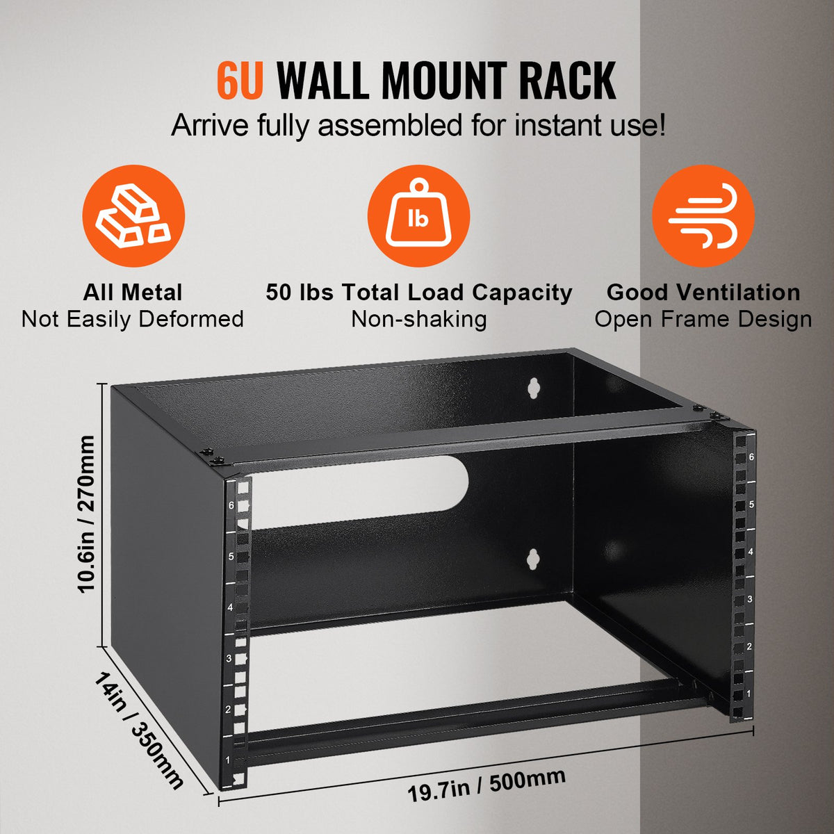 6U Wall Mount Network Rack, 14 in Depth, 50 lb Capacity, 19 in w/ Cage Nuts