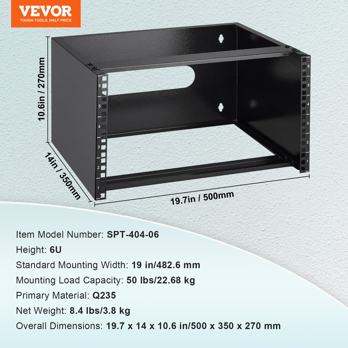 6U Wall Mount Network Rack, 14 in Depth, 50 lb Capacity, 19 in w/ Cage Nuts