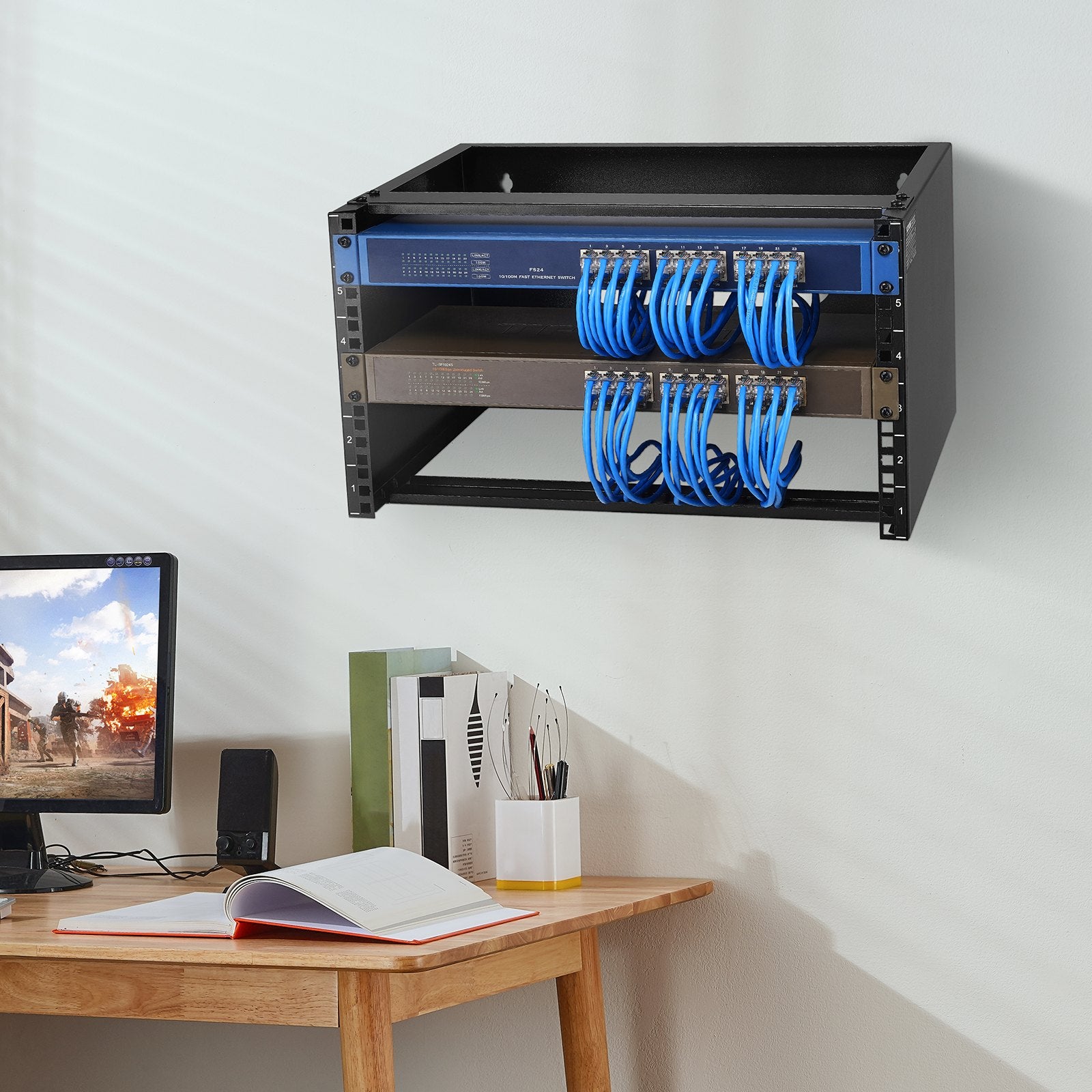 6U Wall Mount Network Rack, 14 in Depth, 50 lb Capacity, 19 in w/ Cage Nuts