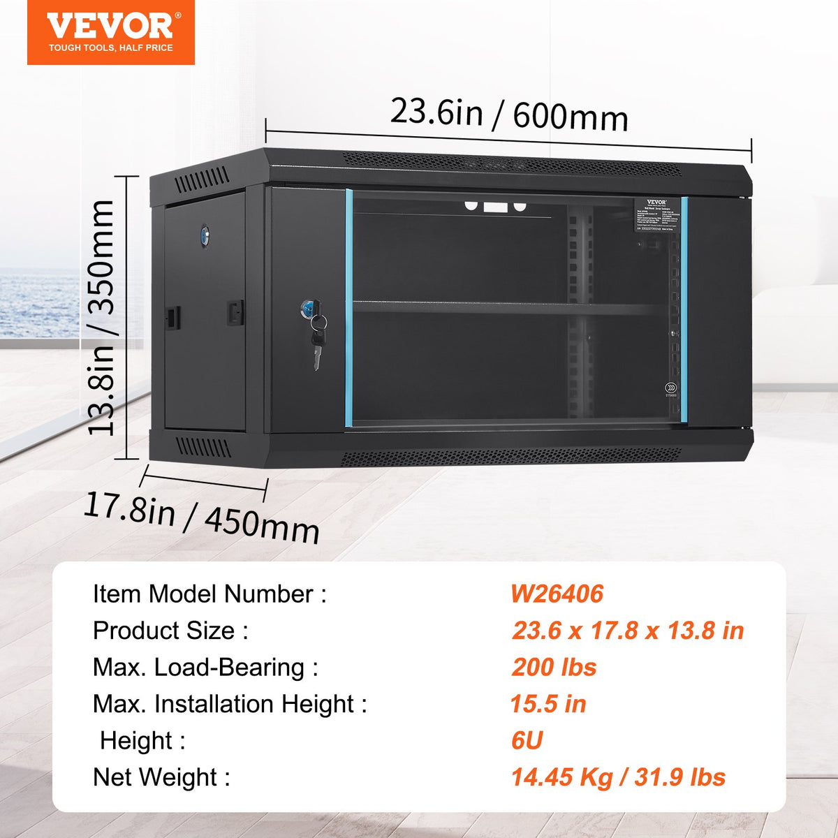 Server Cabinet 6U Wall Mount Network 15.5in Deep 200lbs Locking Glass Door