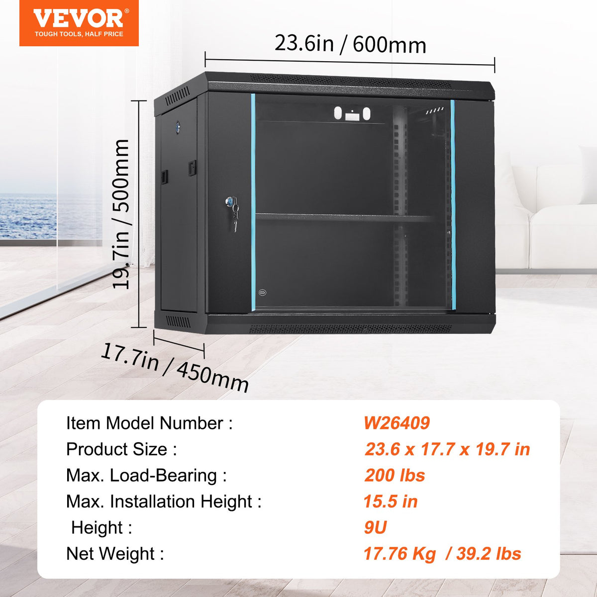 Server Cabinet 9U Wall Mount Network 39.37cm Deep 90.7kg Locking Glass Door