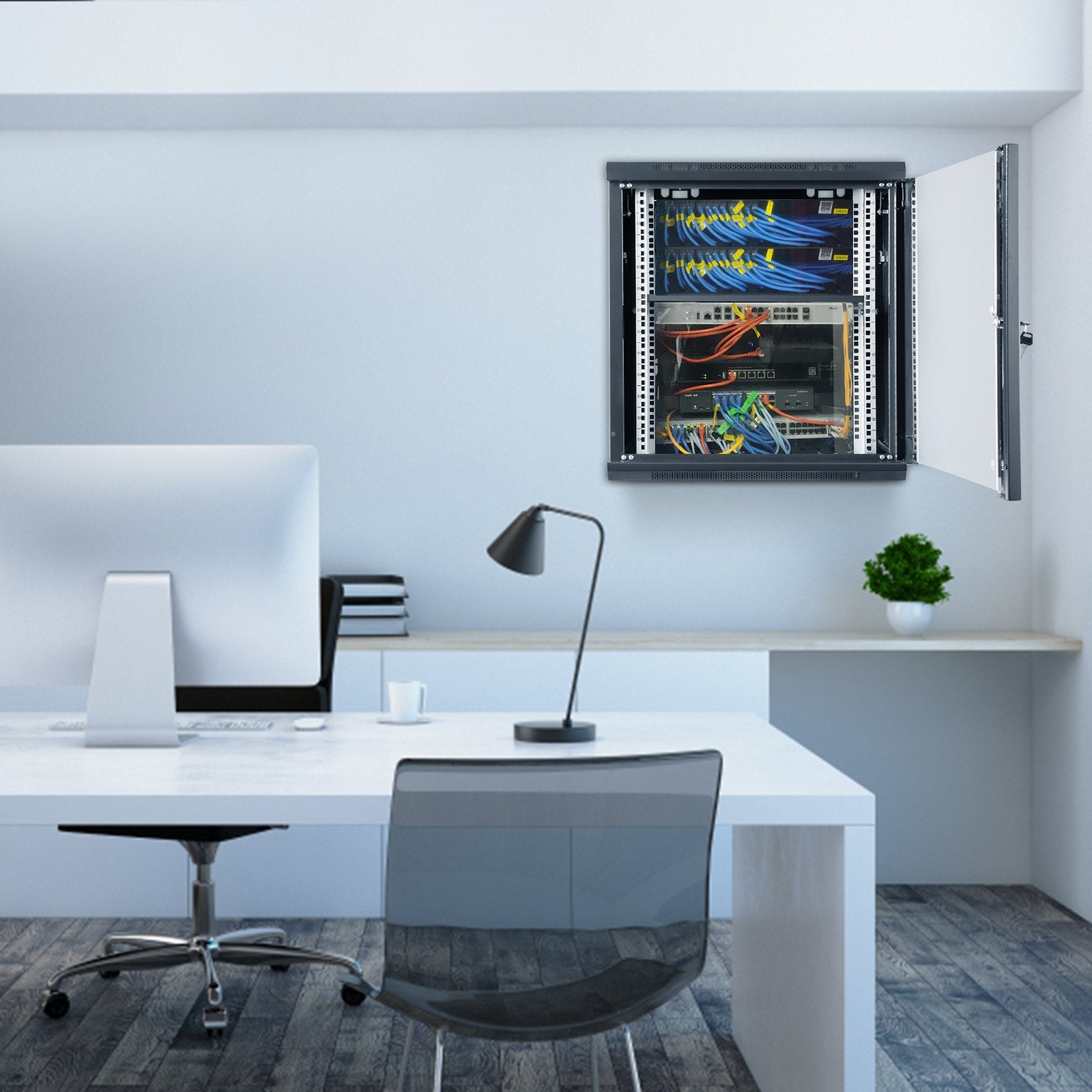 Server Cabinet 9U Wall Mount Network 39.37cm Deep 90.7kg Locking Glass Door