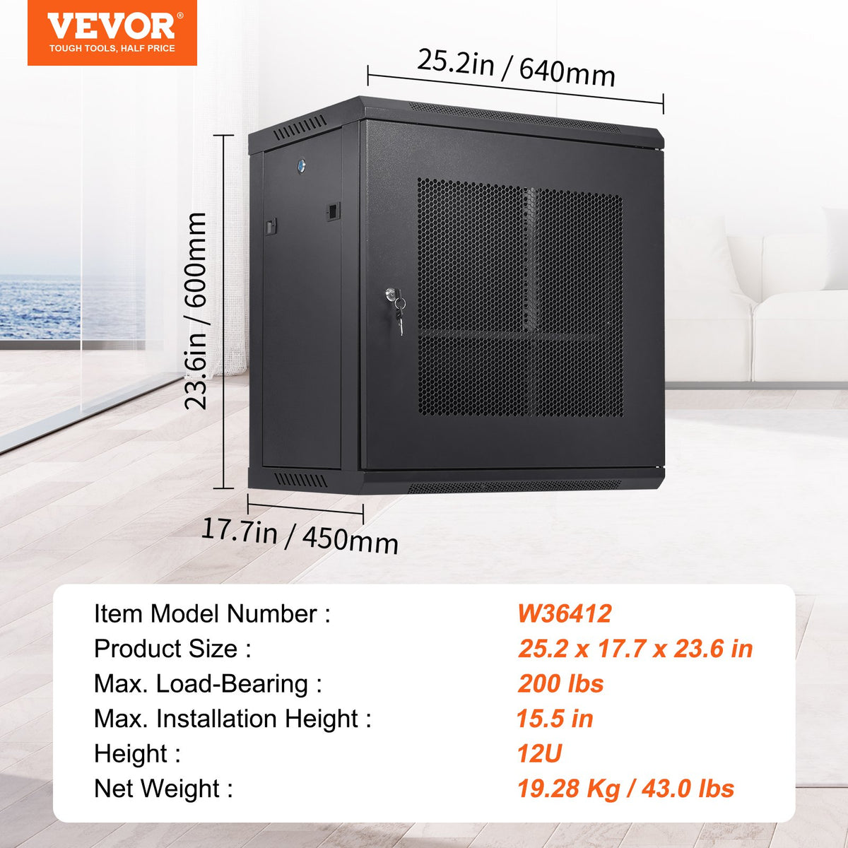 12U Wall Mount Network Server Cabinet 15.5'' Deep with Locking Door Panels