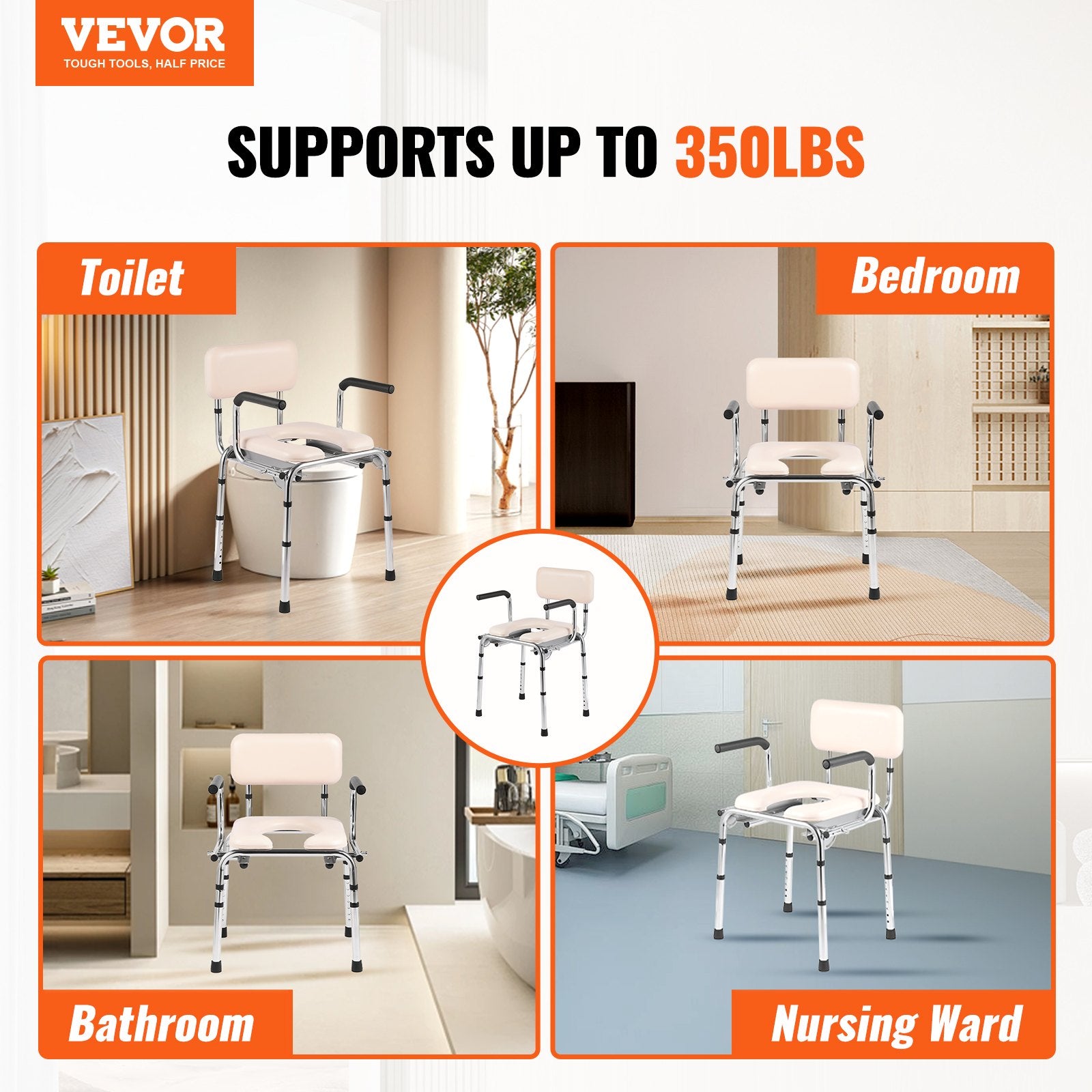 Commode Chair Bedside Padded Seat Drop-Down Arms 7-Level Adjustable 350LBS 5.8L