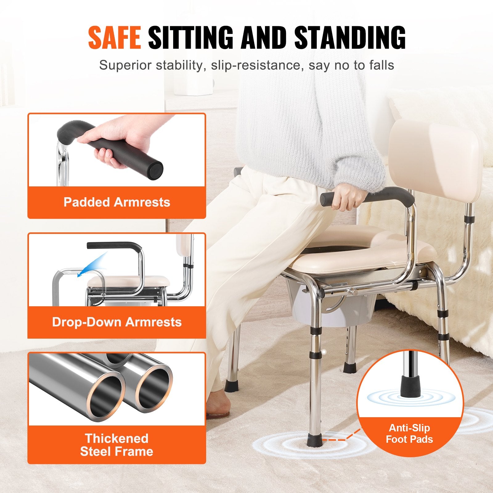 Commode Chair Bedside Padded Seat Drop-Down Arms 7-Level Adjustable 350LBS 5.8L