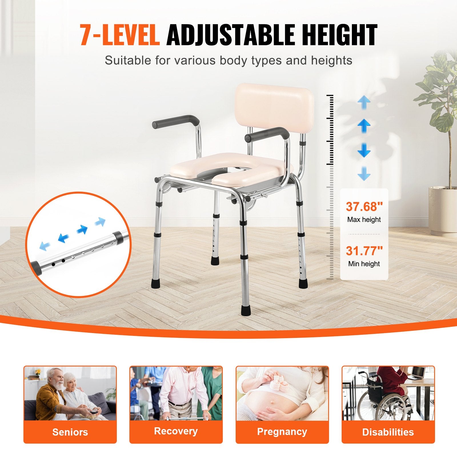 Commode Chair Bedside Padded Seat Drop-Down Arms 7-Level Adjustable 350LBS 5.8L