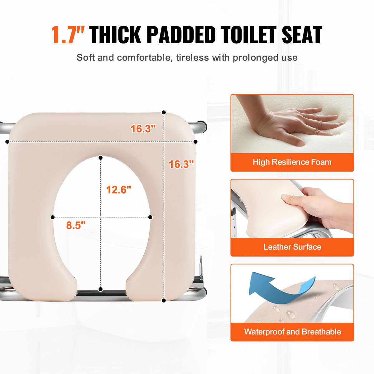 Commode Chair Bedside Padded Seat Drop-Down Arms 7-Level Adjustable 350LBS 5.8L