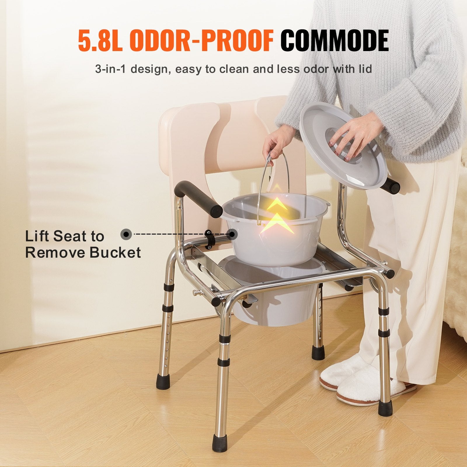 Commode Chair Bedside Padded Seat Drop-Down Arms 7-Level Adjustable 350LBS 5.8L