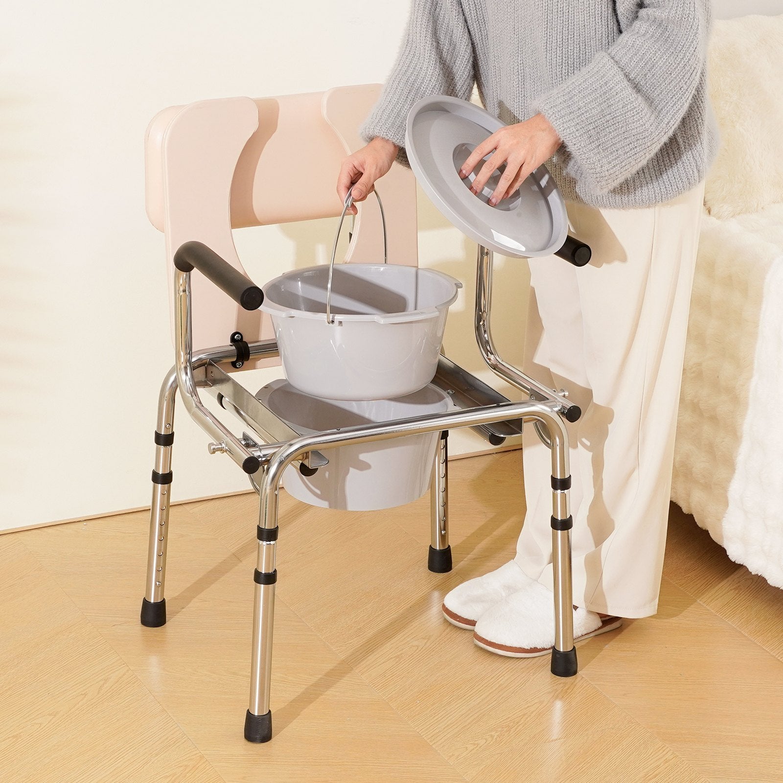 Commode Chair Bedside Padded Seat Drop-Down Arms 7-Level Adjustable 350LBS 5.8L