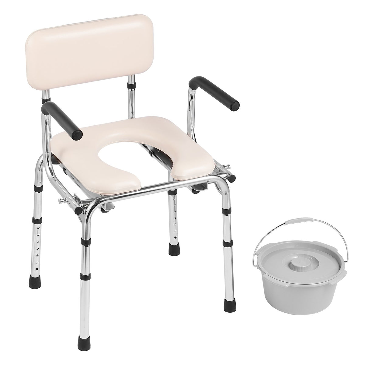 Commode Chair Bedside Padded Seat Drop-Down Arms 7-Level Adjustable 350LBS 5.8L