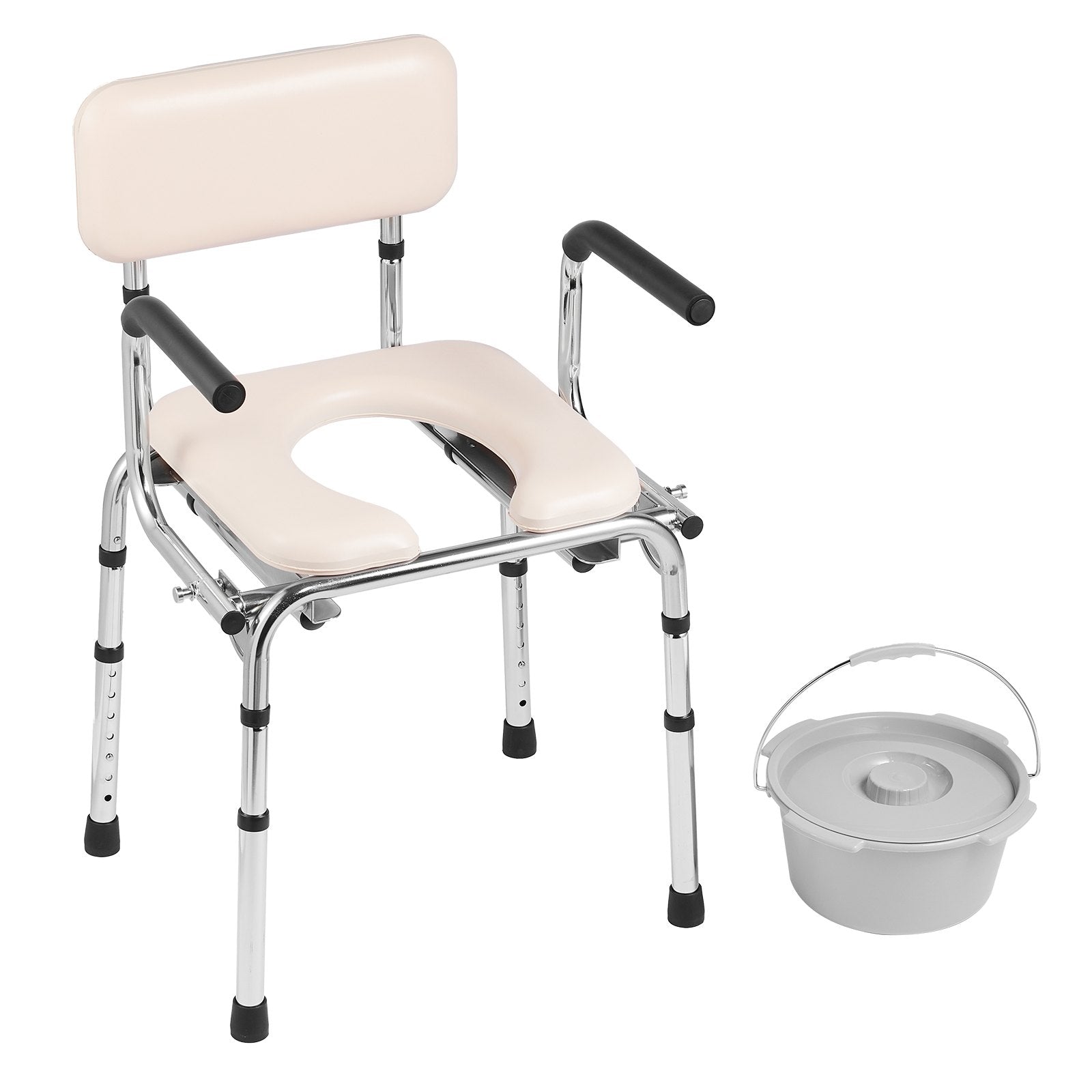 Commode Chair Bedside Padded Seat Drop-Down Arms 7-Level Adjustable 350LBS 5.8L