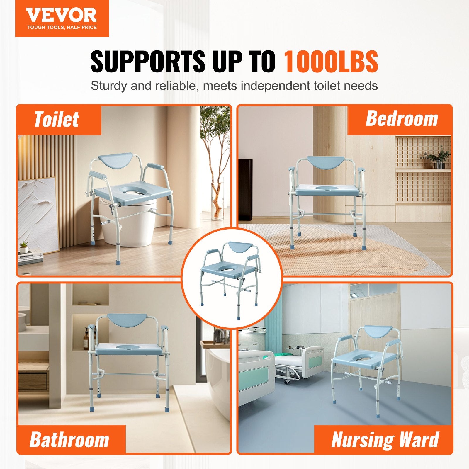 Commode Chair Bedside with Drop-Down Arms 5-Level Height Adjustable 7L Bucket