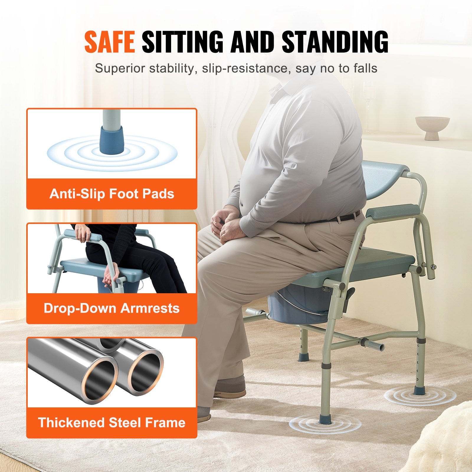Commode Chair Bedside with Drop-Down Arms 5-Level Height Adjustable 7L Bucket