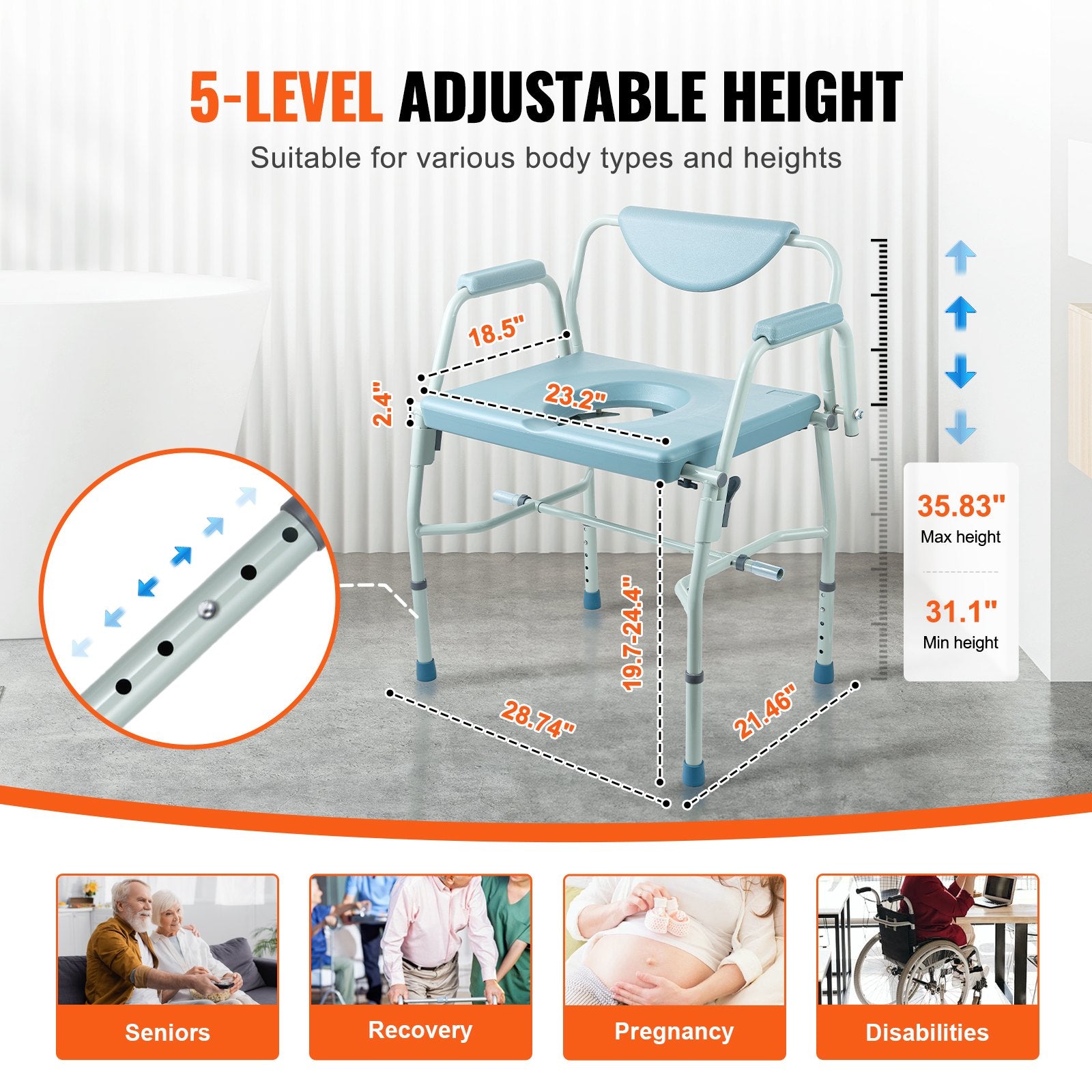 Commode Chair Bedside with Drop-Down Arms 5-Level Height Adjustable 7L Bucket